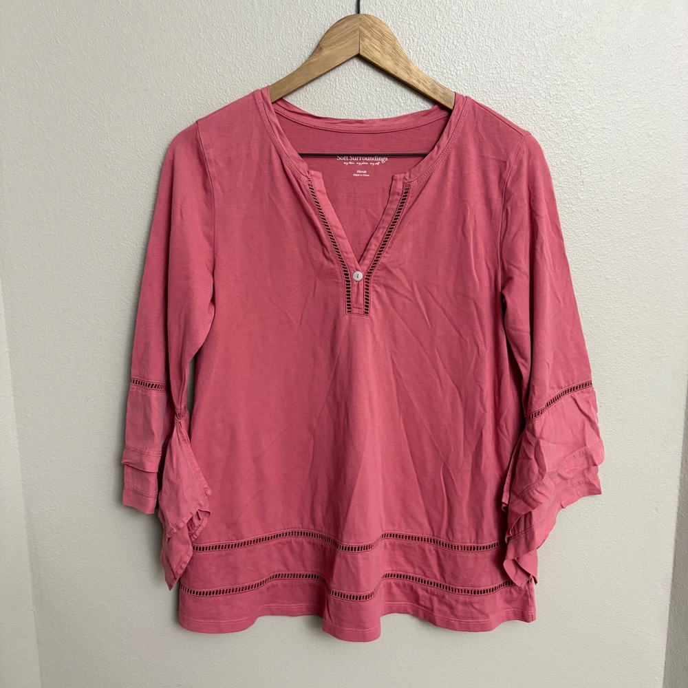 Soft Surroundings Top XS Pink Cotton Modal Ruffle Sleeve Ladder Lace Boho